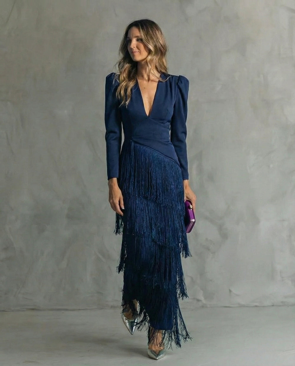 Elegant Dress with Fringe Sleeves
