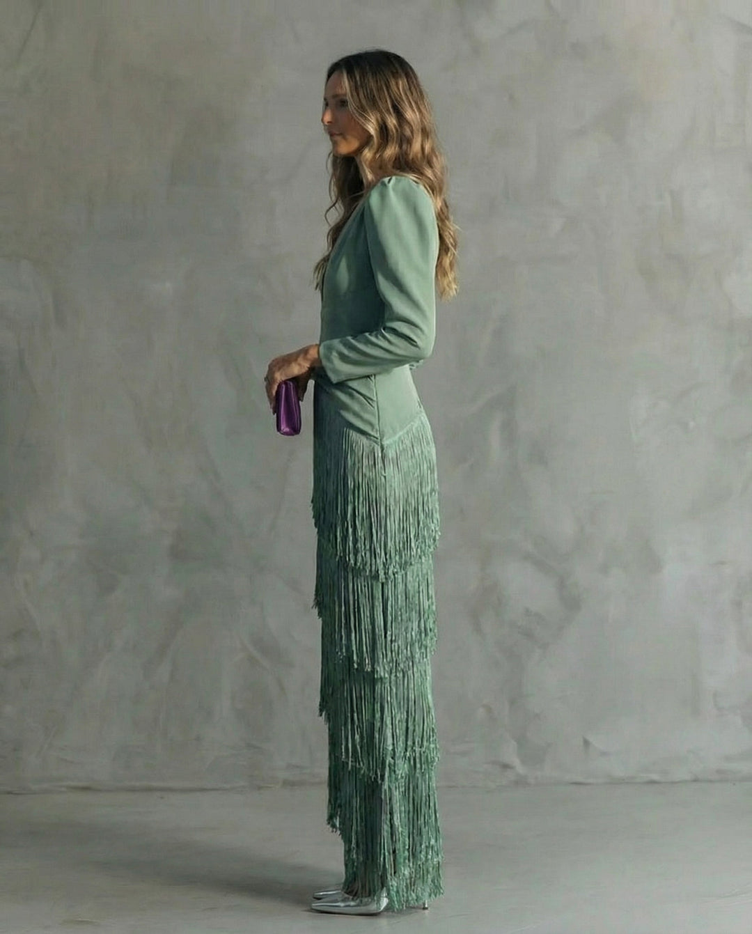 Elegant Dress with Fringe Sleeves