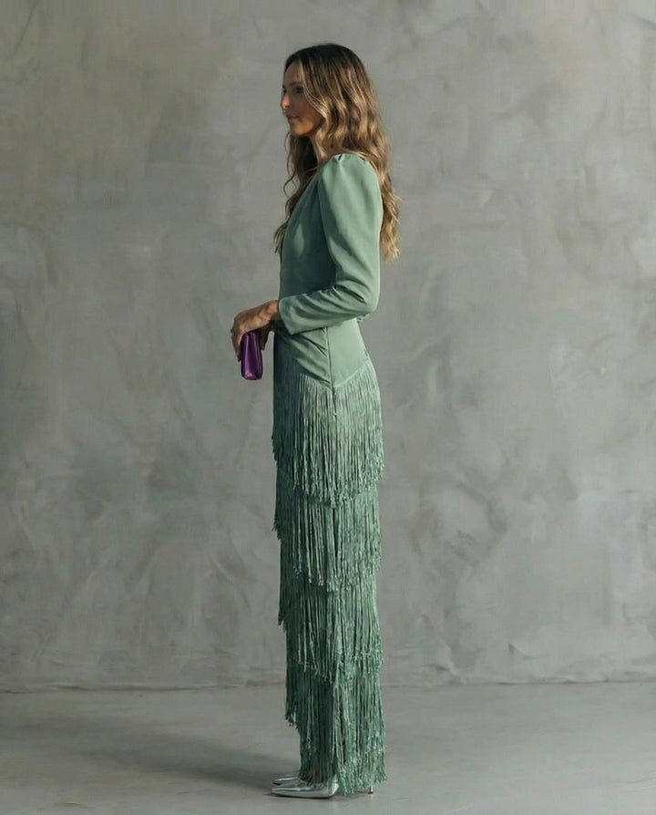 Elegant Dress with Fringe Sleeves