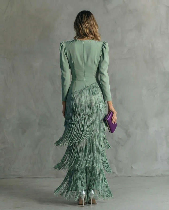 Elegant Dress with Fringe Sleeves