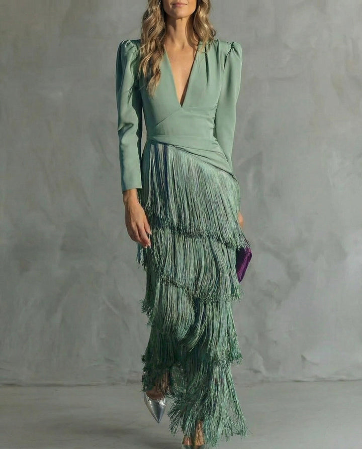 Elegant Dress with Fringe Sleeves
