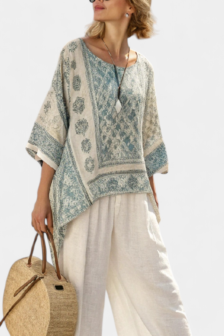 Comfortable Printed Blouse and Wide-Leg White Pants