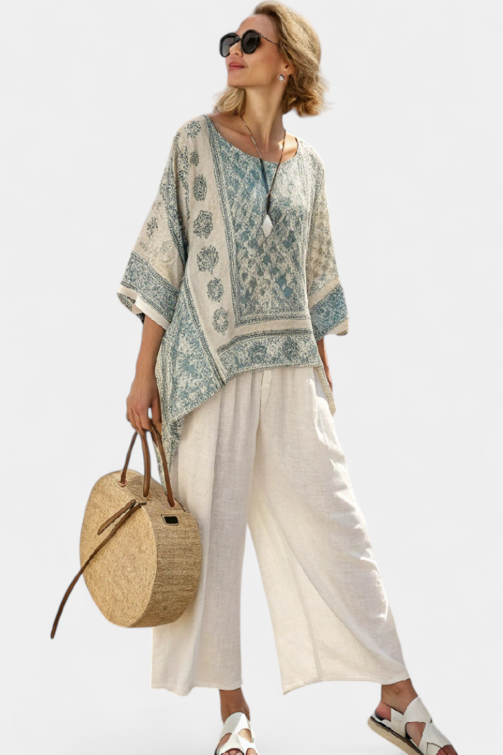 Comfortable Printed Blouse and Wide-Leg White Pants
