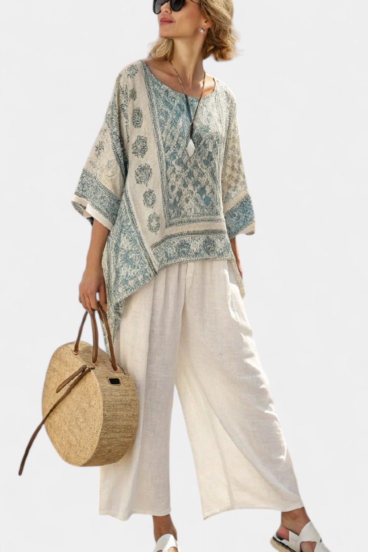 Comfortable Printed Blouse and Wide-Leg White Pants