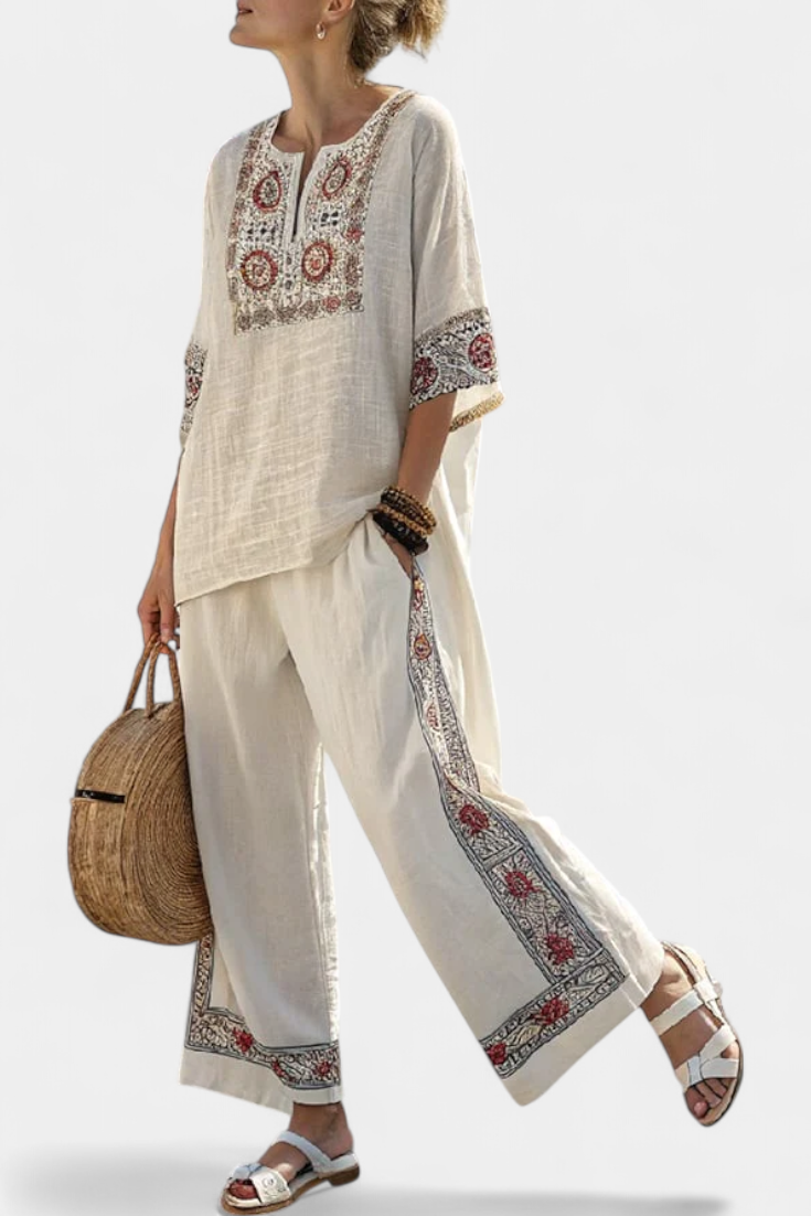 Essential Embroidered Blouse and Wide-Leg Pants