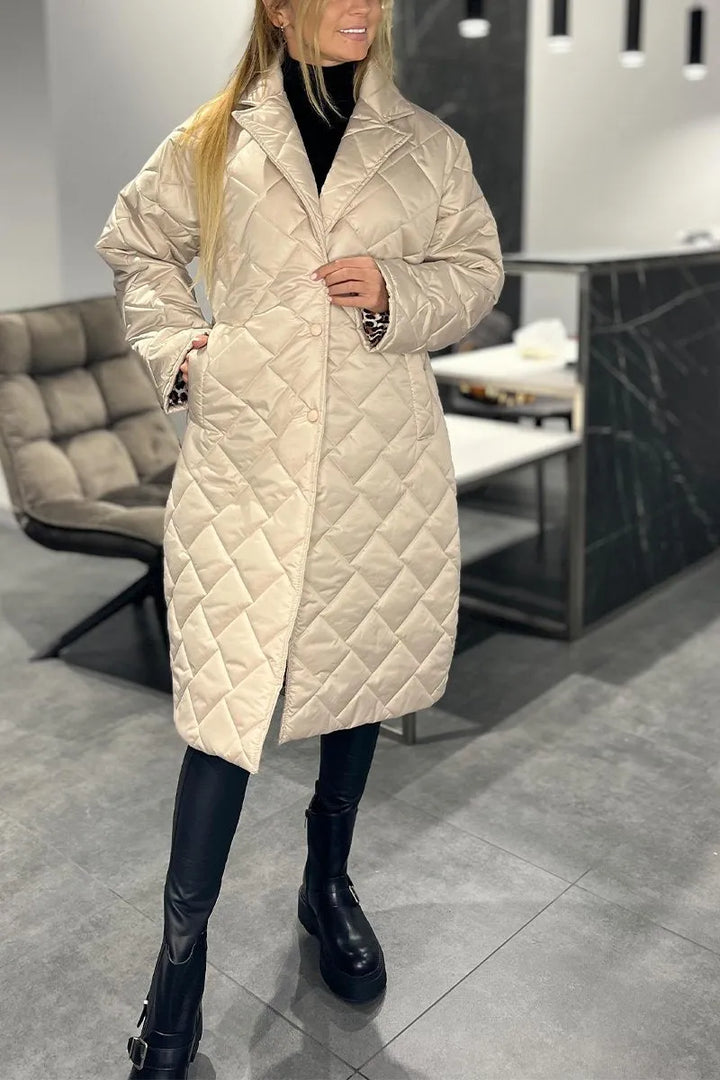 Quilted Mid-Length Coat with Leopard Lining
