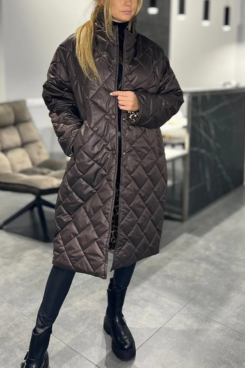 Quilted Mid-Length Coat with Leopard Lining