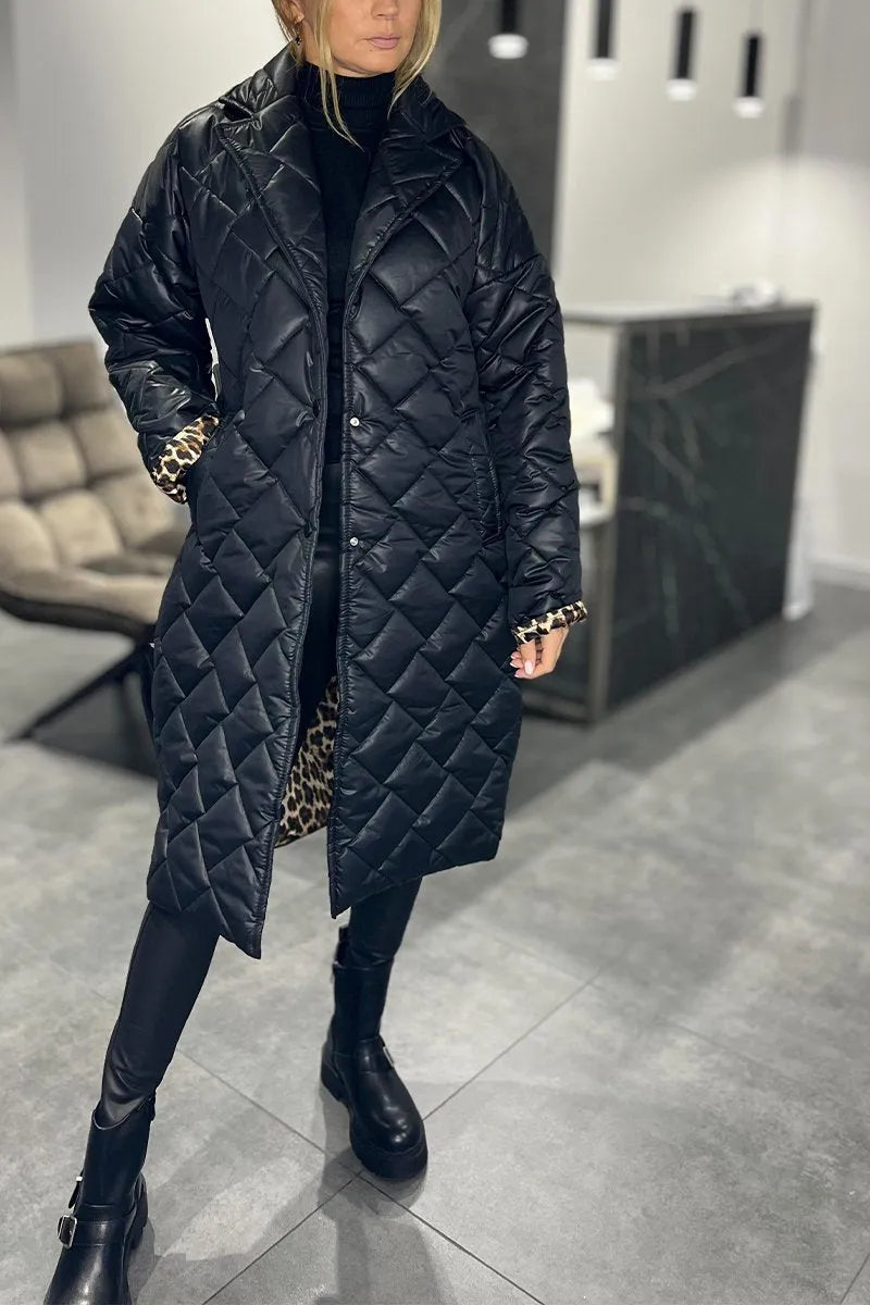 Quilted Mid-Length Coat with Leopard Lining