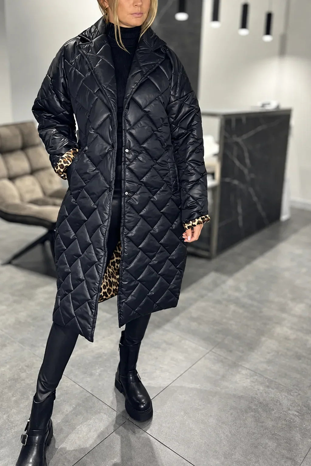 Quilted Leopard-Lined Coat