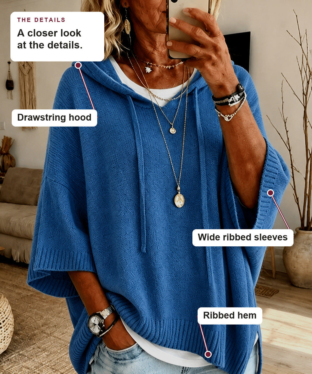 Blue Hooded Poncho Sweater