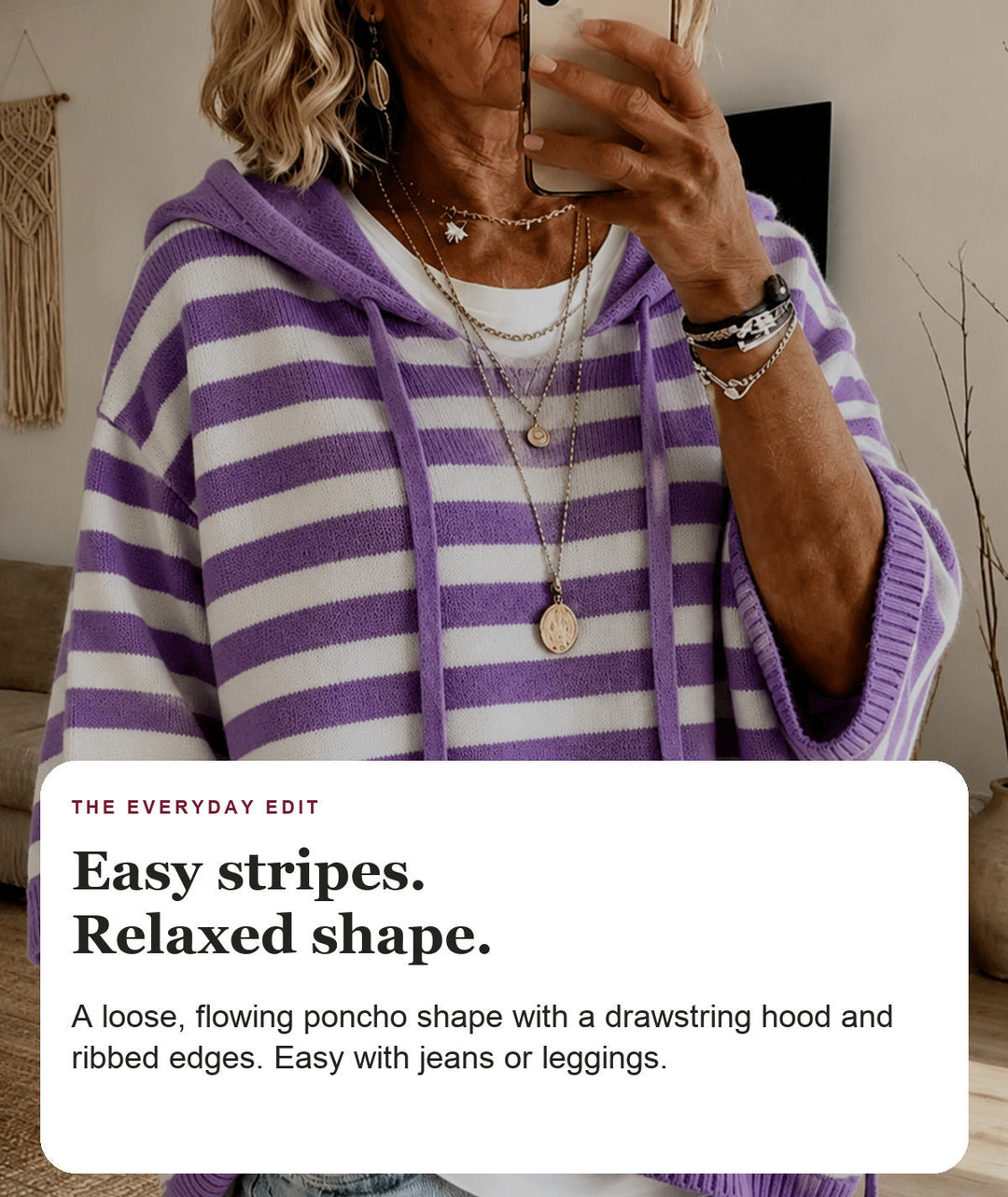 Purple Striped Hooded Poncho Sweater