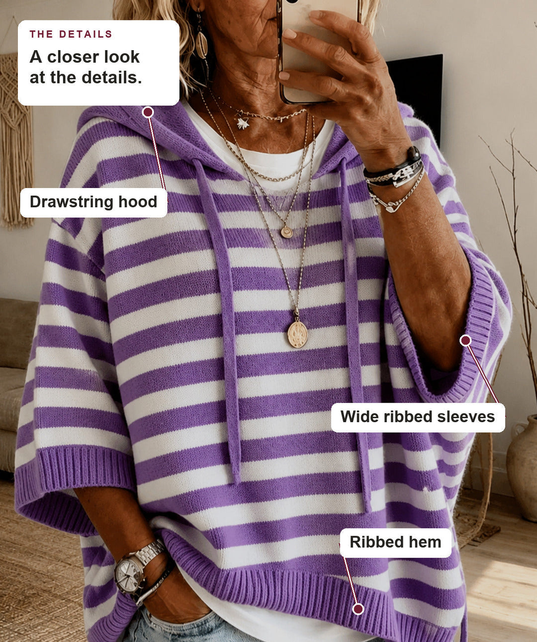 Purple Striped Hooded Poncho Sweater