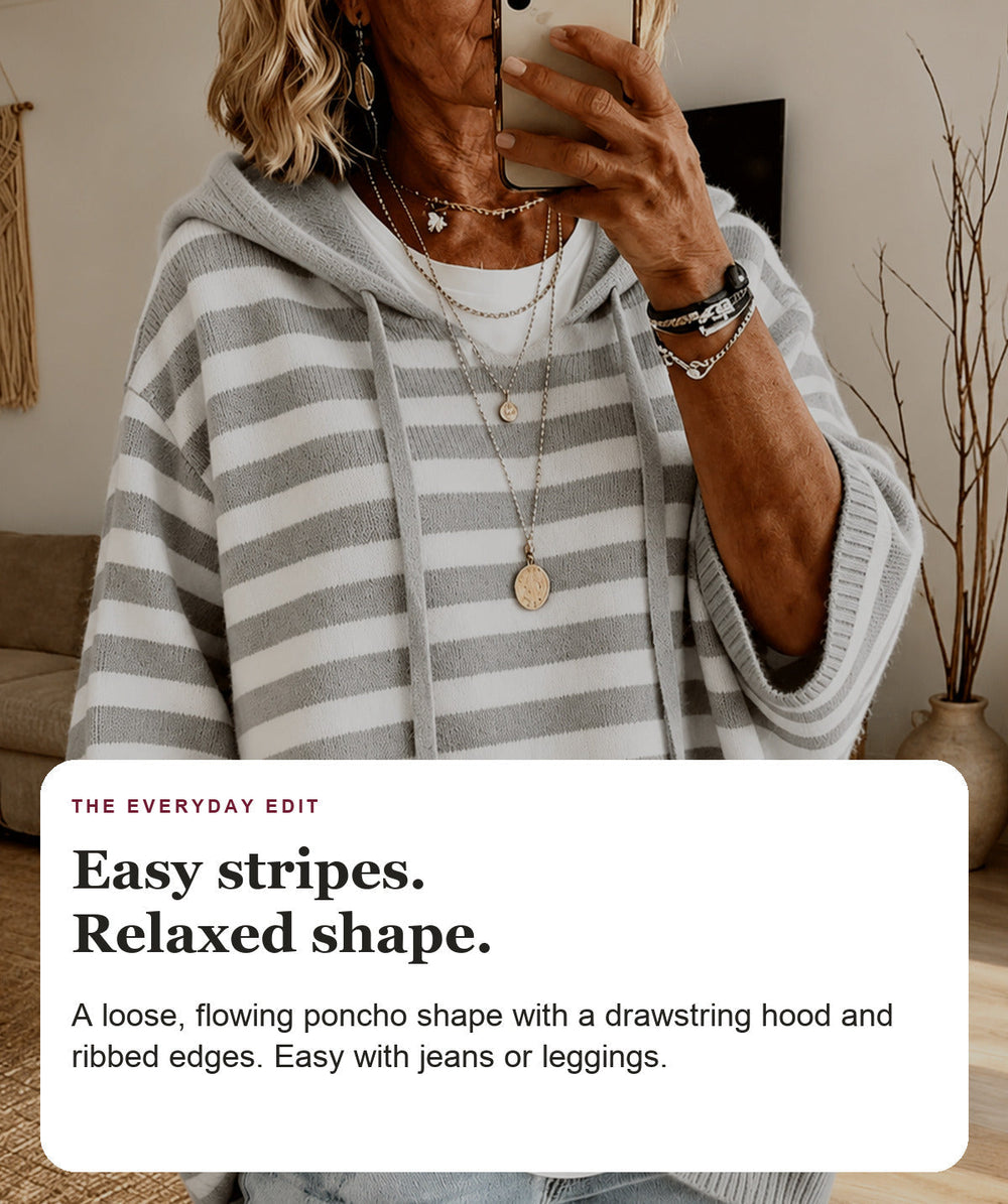 Gray Striped Hooded Poncho Sweater