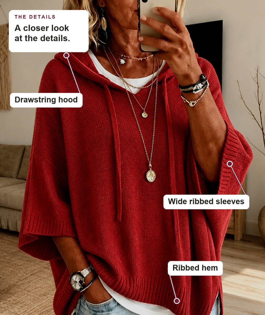 Red Hooded Poncho Sweater