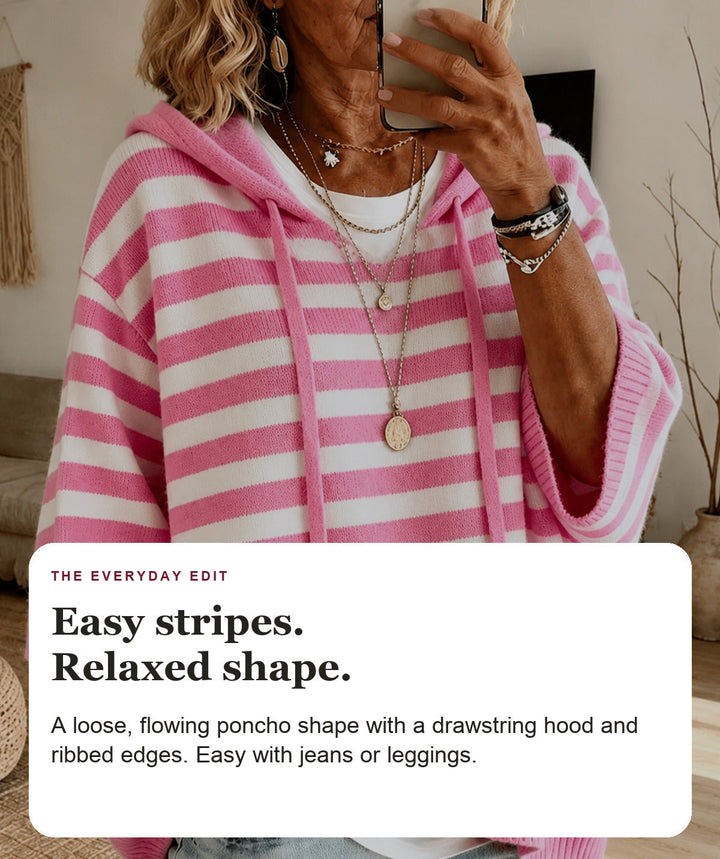 Pink Striped Hooded Poncho Sweater