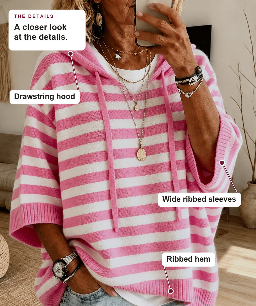 Pink Striped Hooded Poncho Sweater
