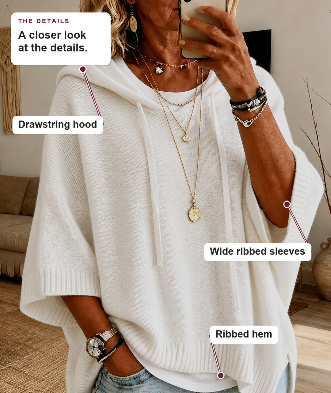 White Hooded Poncho Sweater