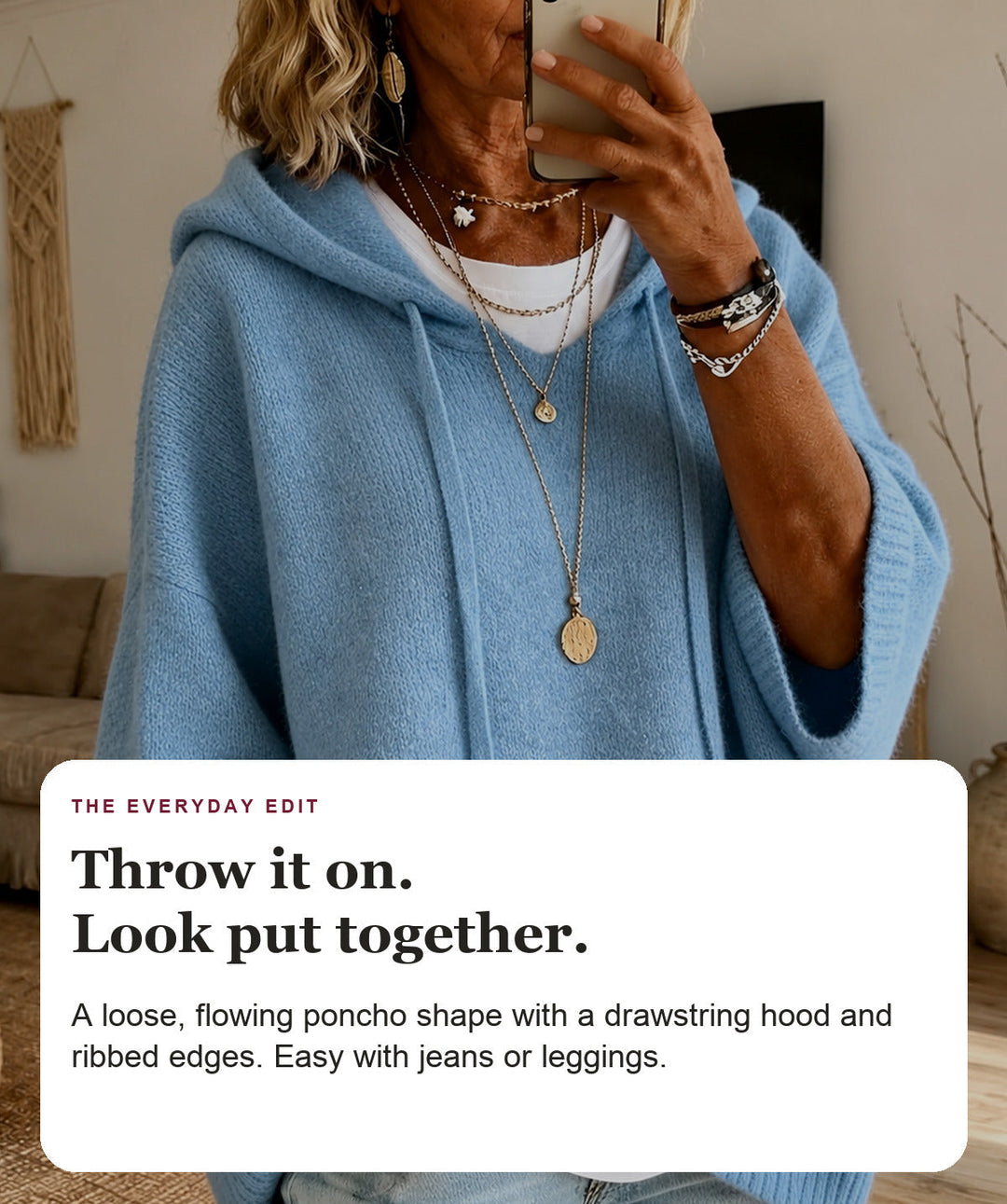 Sky Blue Hooded Poncho Sweater