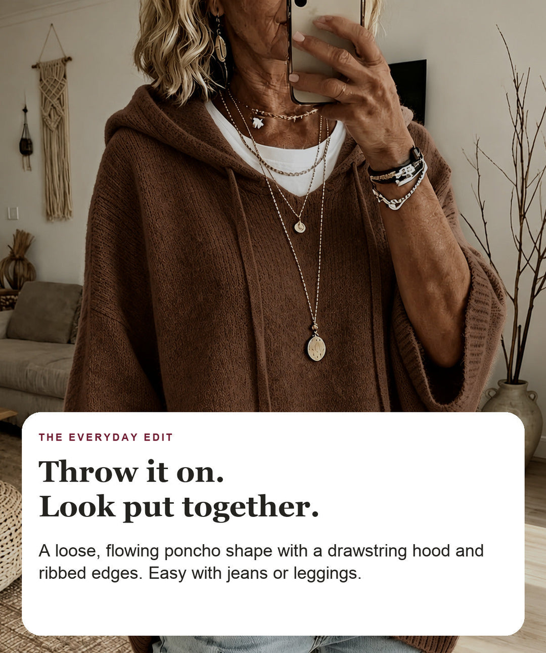 Brown Hooded Poncho Sweater