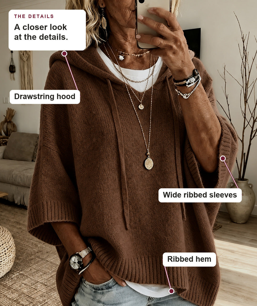 Brown Hooded Poncho Sweater