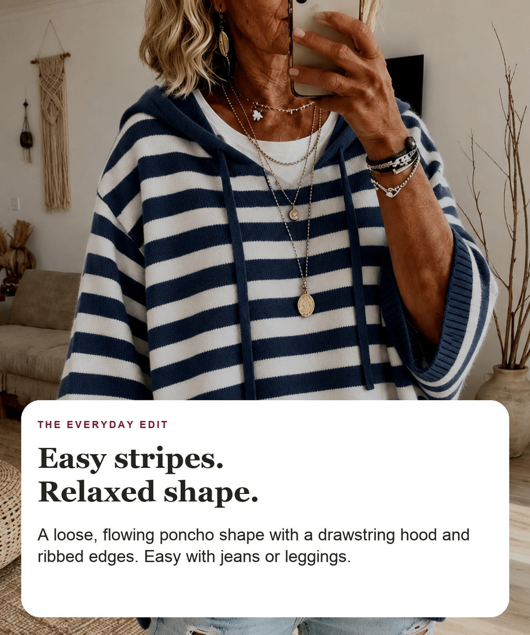 Navy Blue Striped Hooded Poncho Sweater