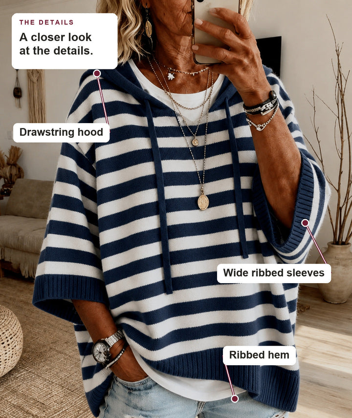 Navy Blue Striped Hooded Poncho Sweater