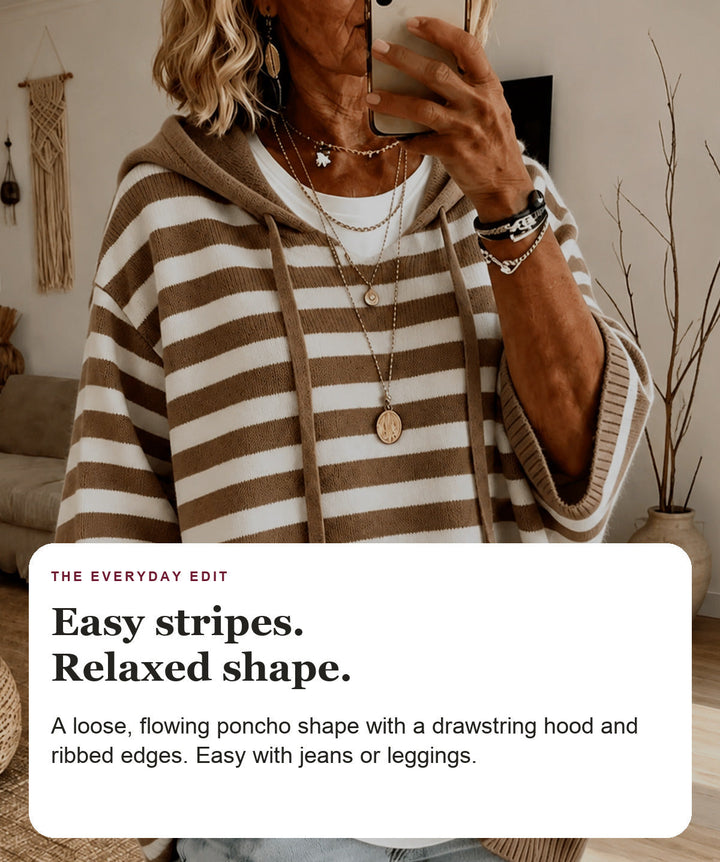 Taupe Striped Hooded Poncho Sweater