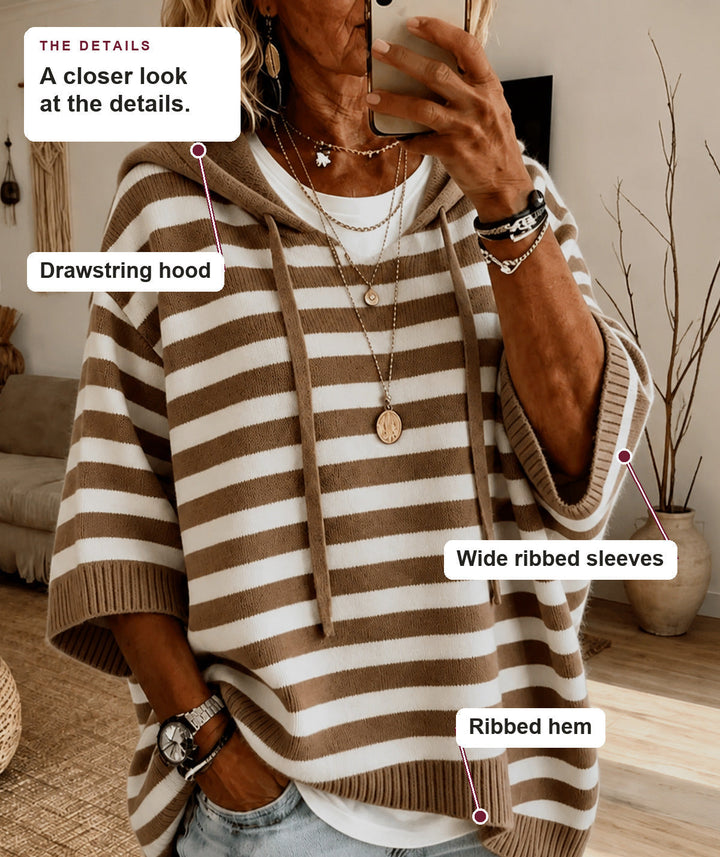 Taupe Striped Hooded Poncho Sweater
