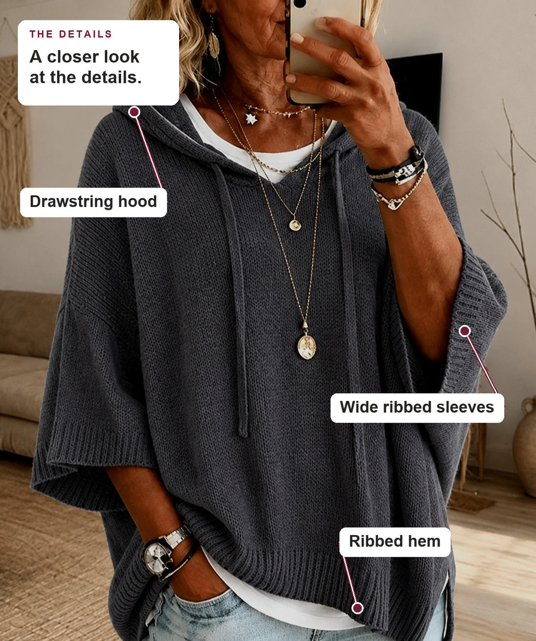Charcoal Hooded Poncho Sweater