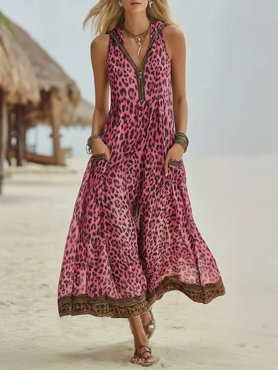 Green Leopard Print Hooded Midi Dress