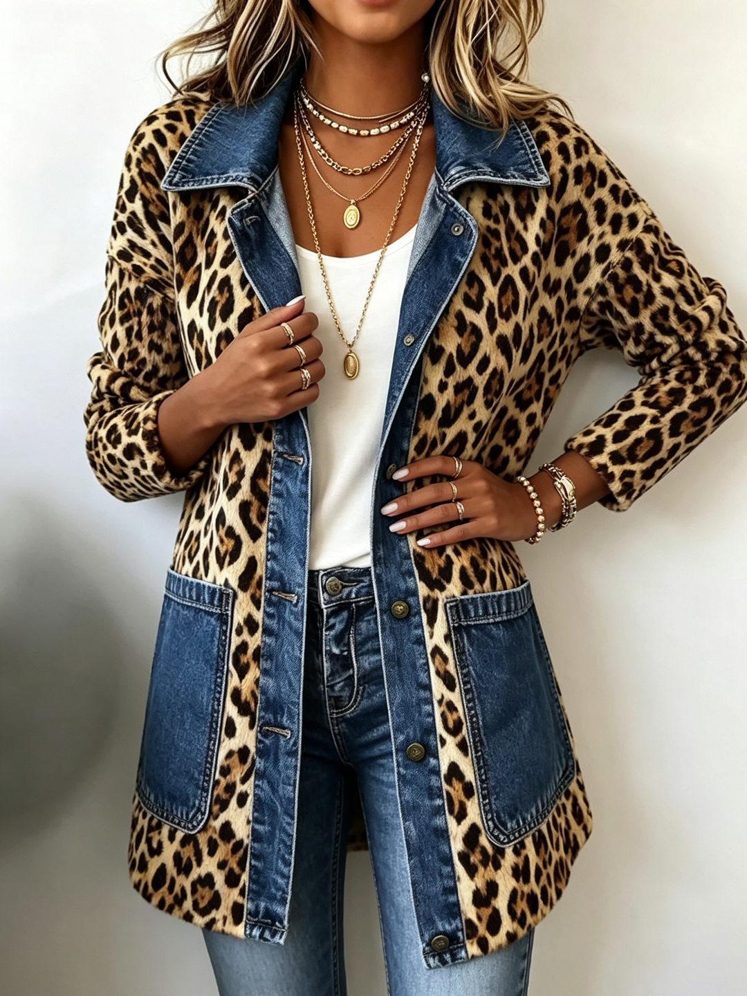 Long Leopard Print Denim Jacket