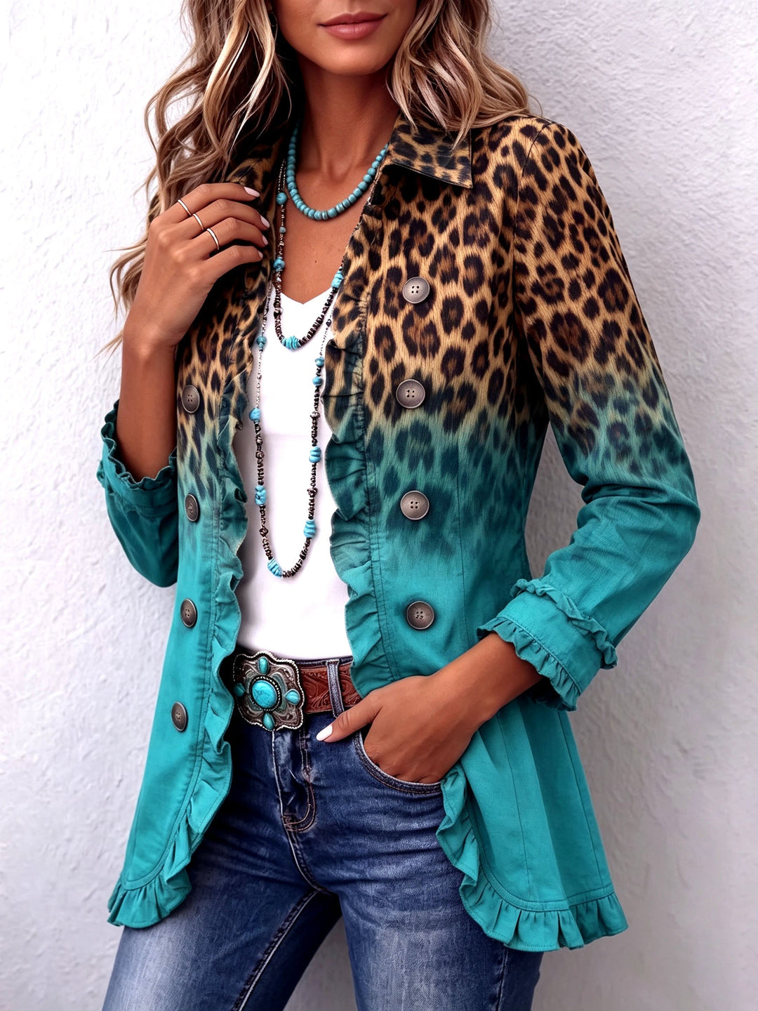 Gradient Leopard Print Frill Blazer