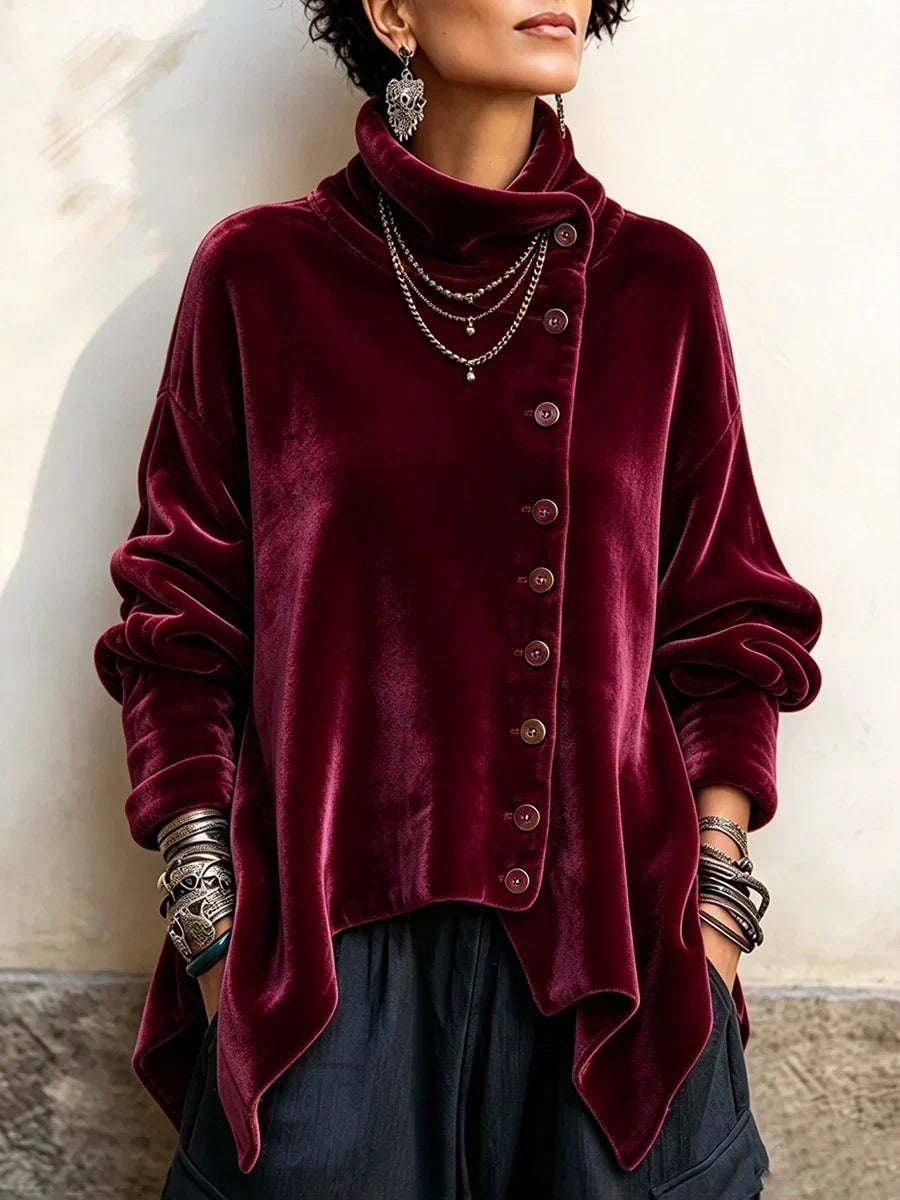 Velvet Asymmetric Button Top