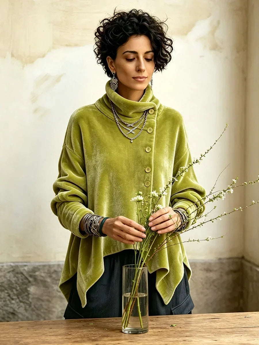 Velvet Asymmetric Button Top