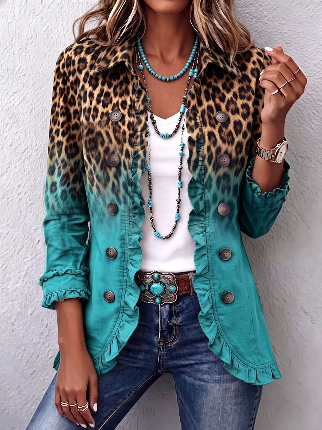 Gradient Leopard Print Frill Blazer
