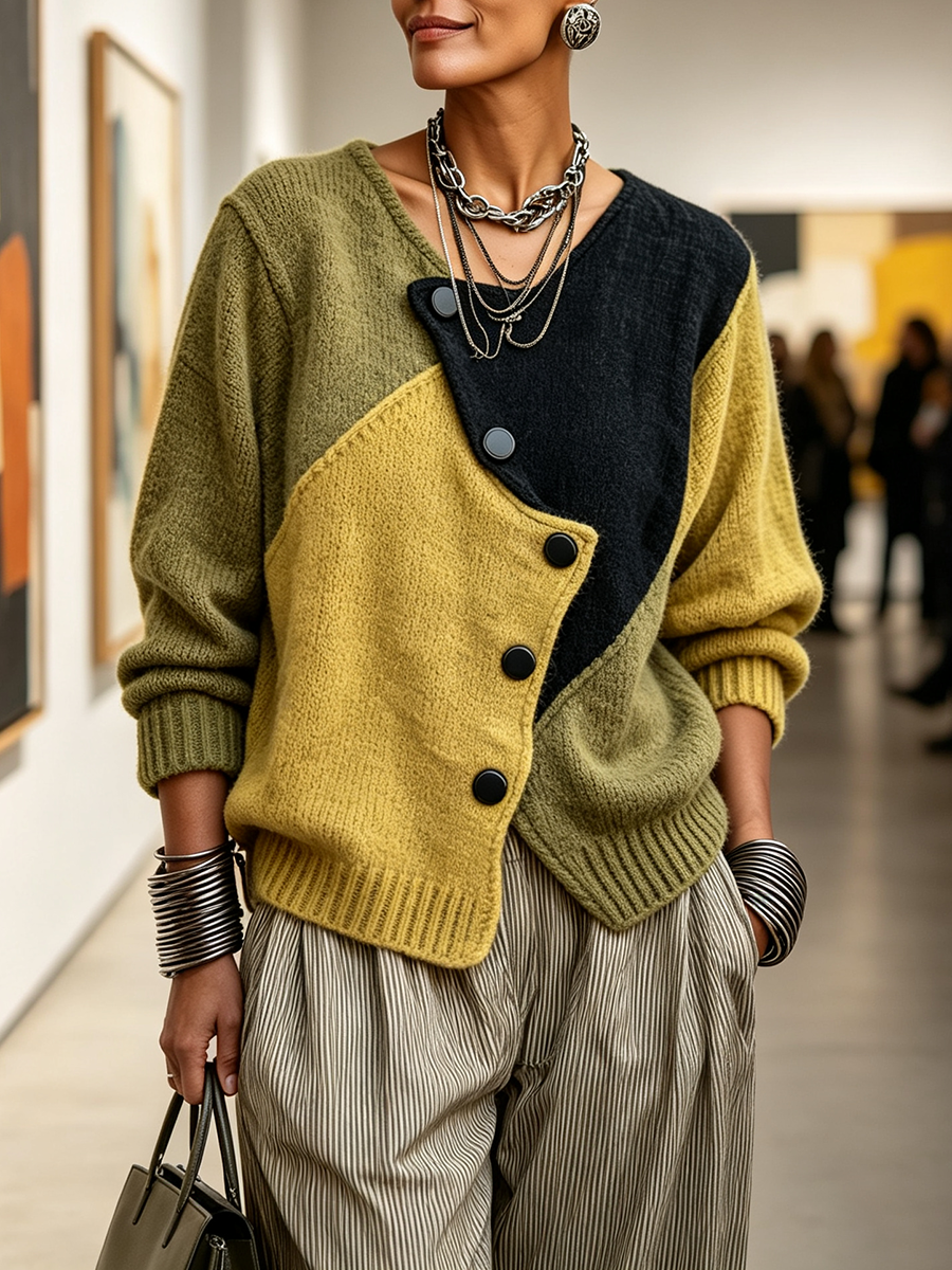 Asymmetric Color-Block Knit Sweater