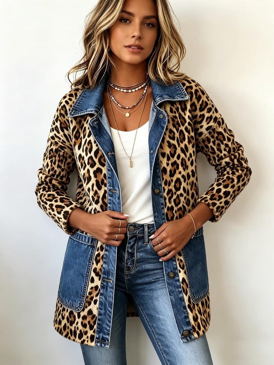 Long Leopard Print Denim Jacket