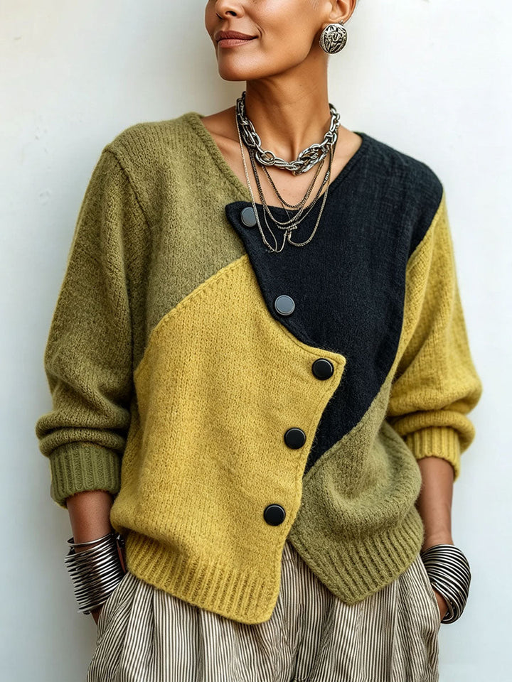 Asymmetric Color-Block Knit Sweater
