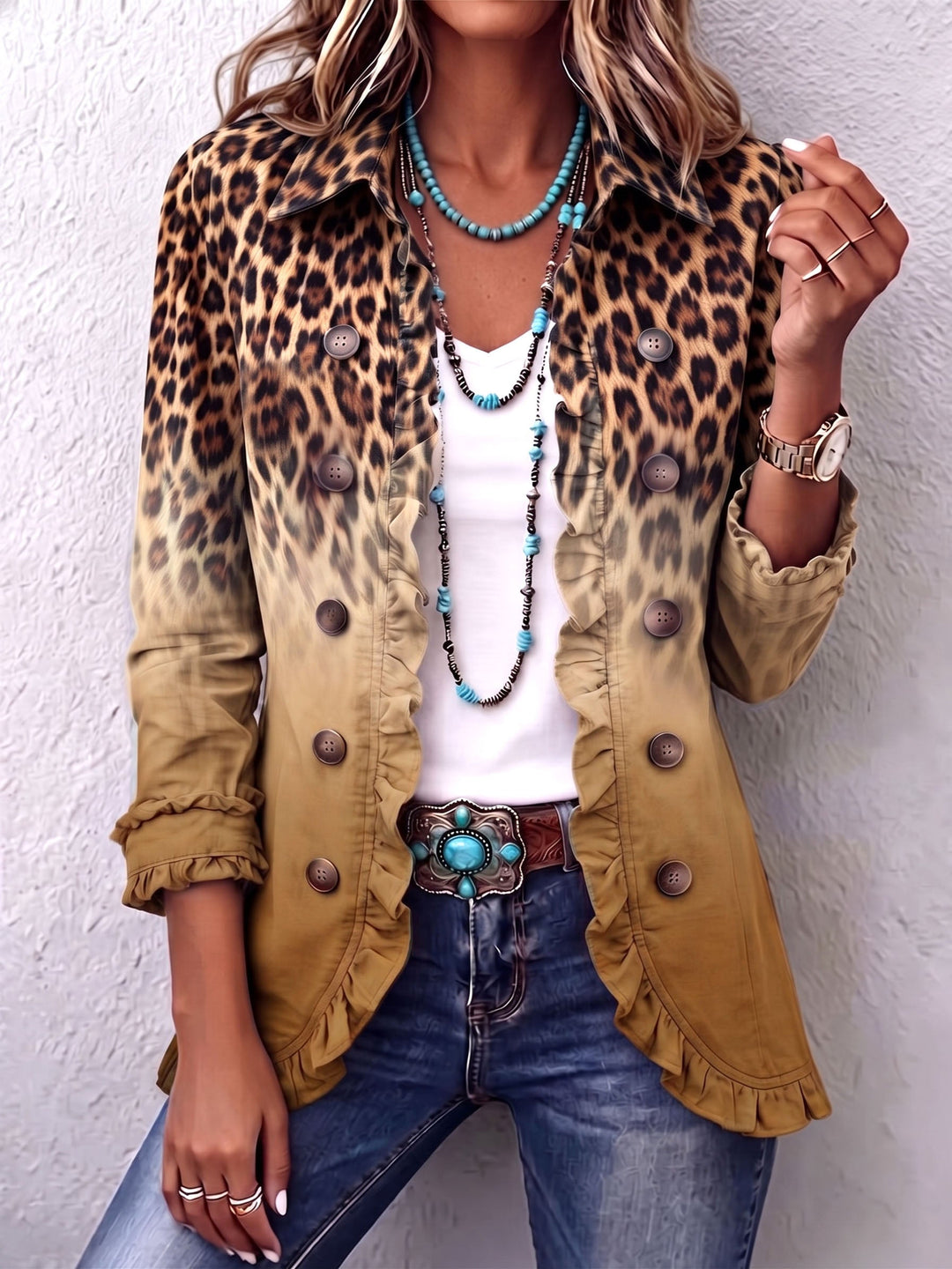 Ochre Leopard Print Frill Blazer