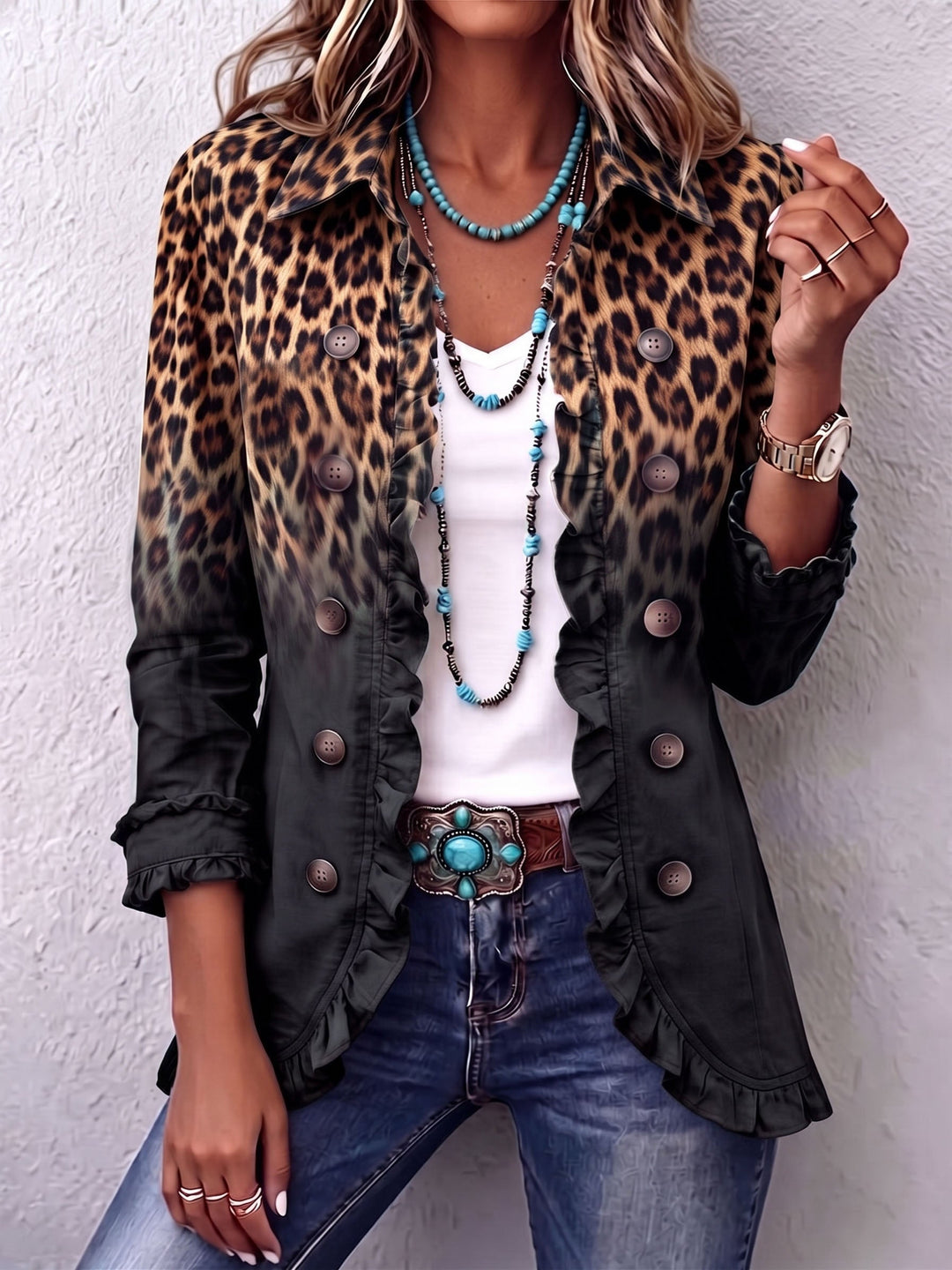 Black Leopard Print Frill Blazer