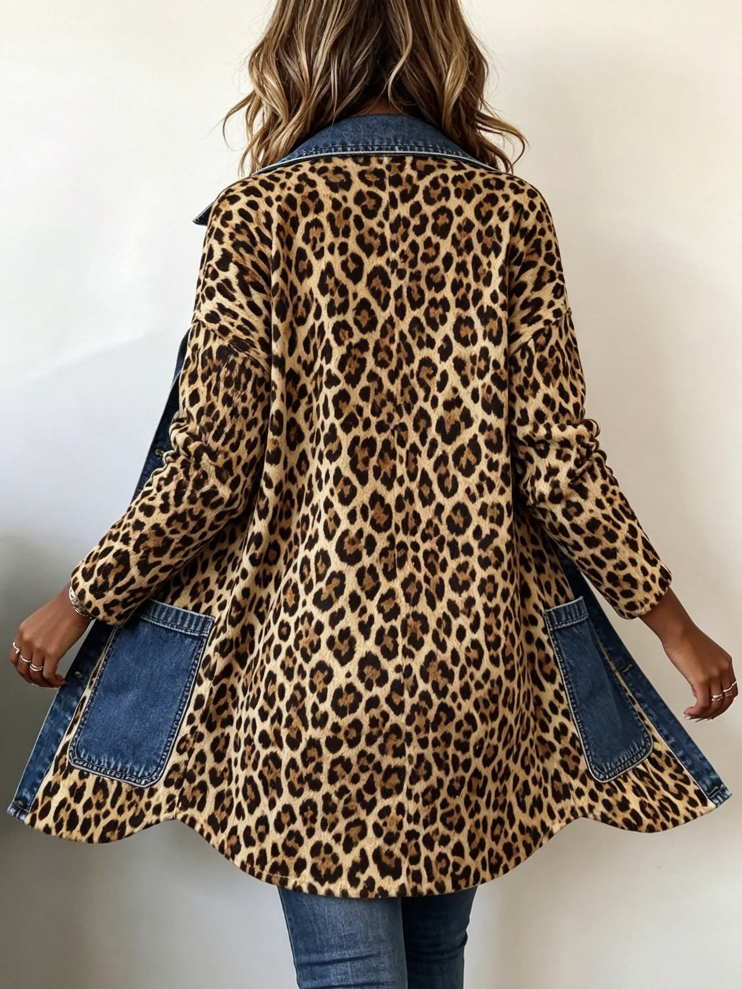 Long Leopard Print Denim Jacket