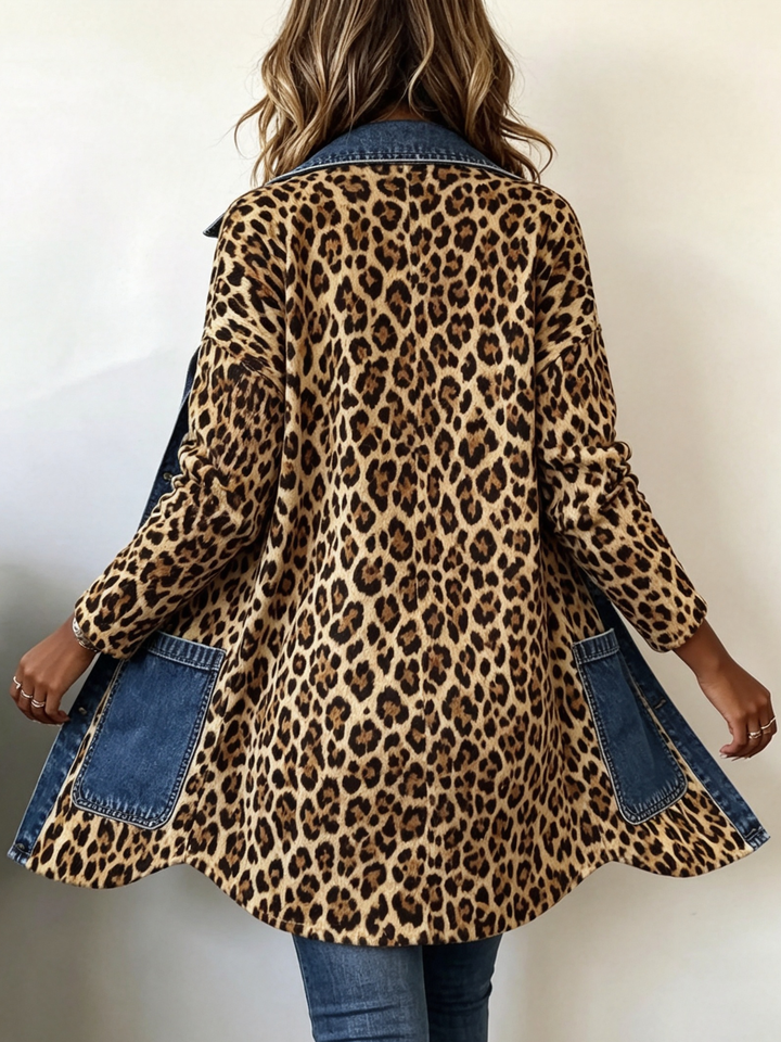 Long Leopard Print Denim Jacket