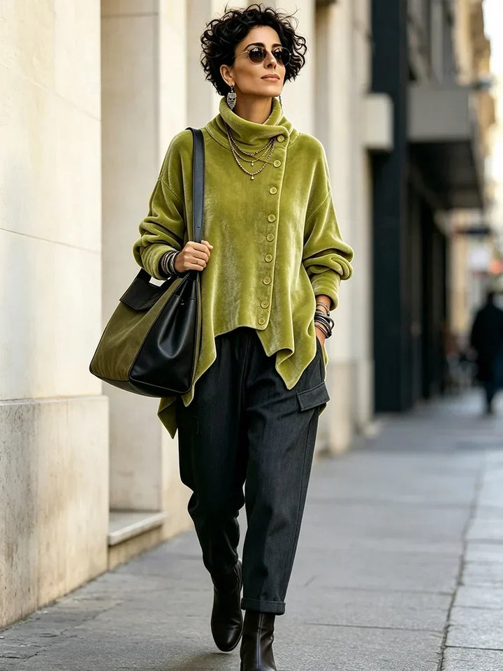 Velvet Asymmetric Button Top