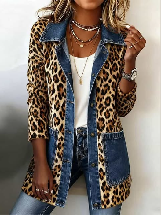 Long Leopard Print Denim Jacket