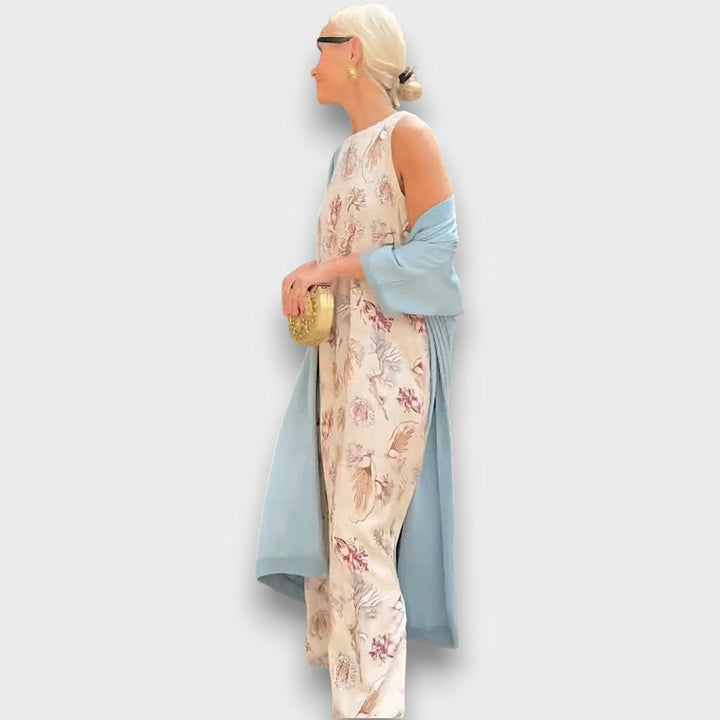 Flowing Maxi Dress with Pastel Cardigan