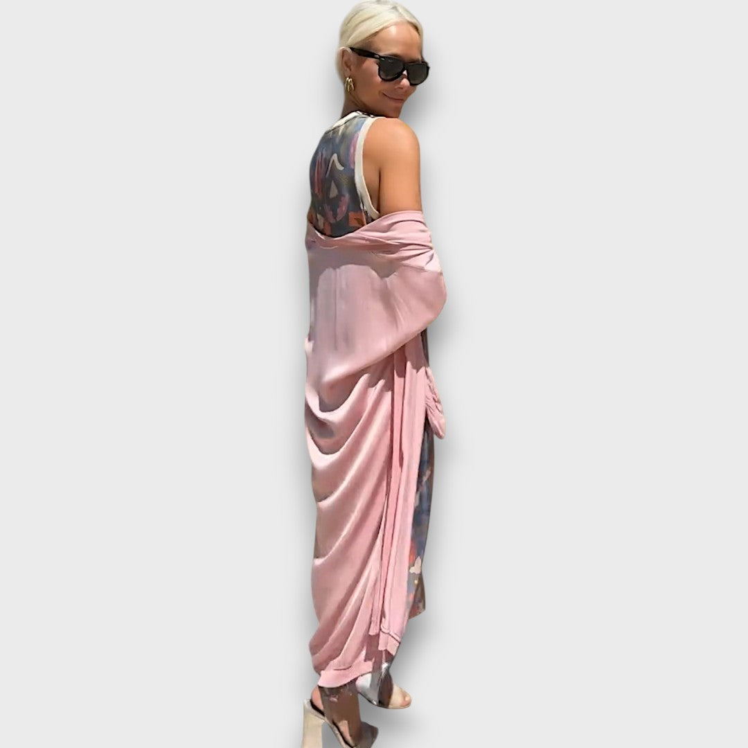 Flowing Maxi Dress with Pastel Cardigan