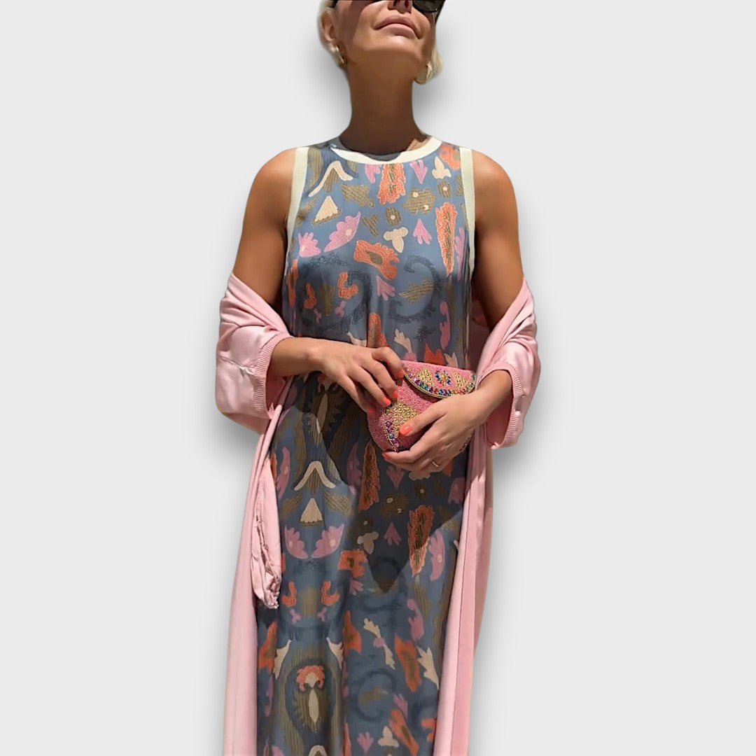 Flowing Maxi Dress with Pastel Cardigan