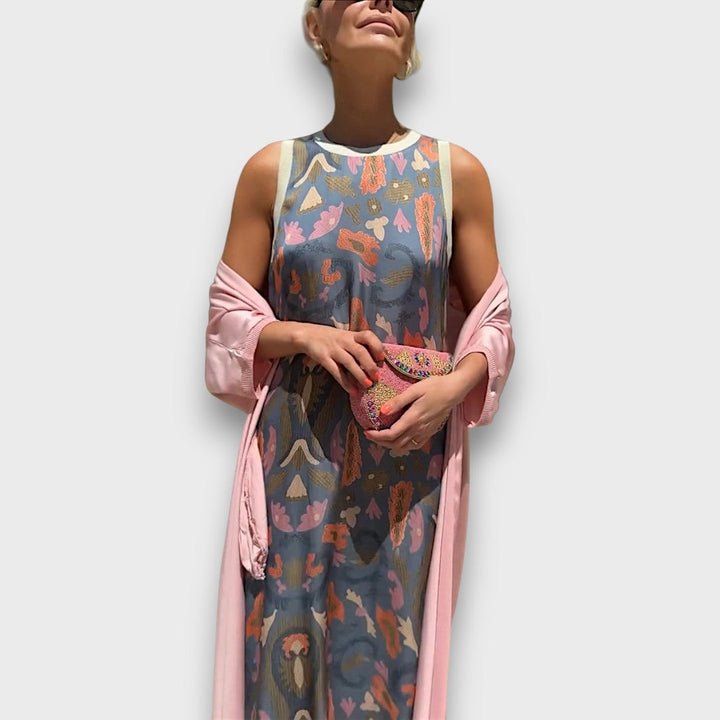 Flowing Maxi Dress with Pastel Cardigan