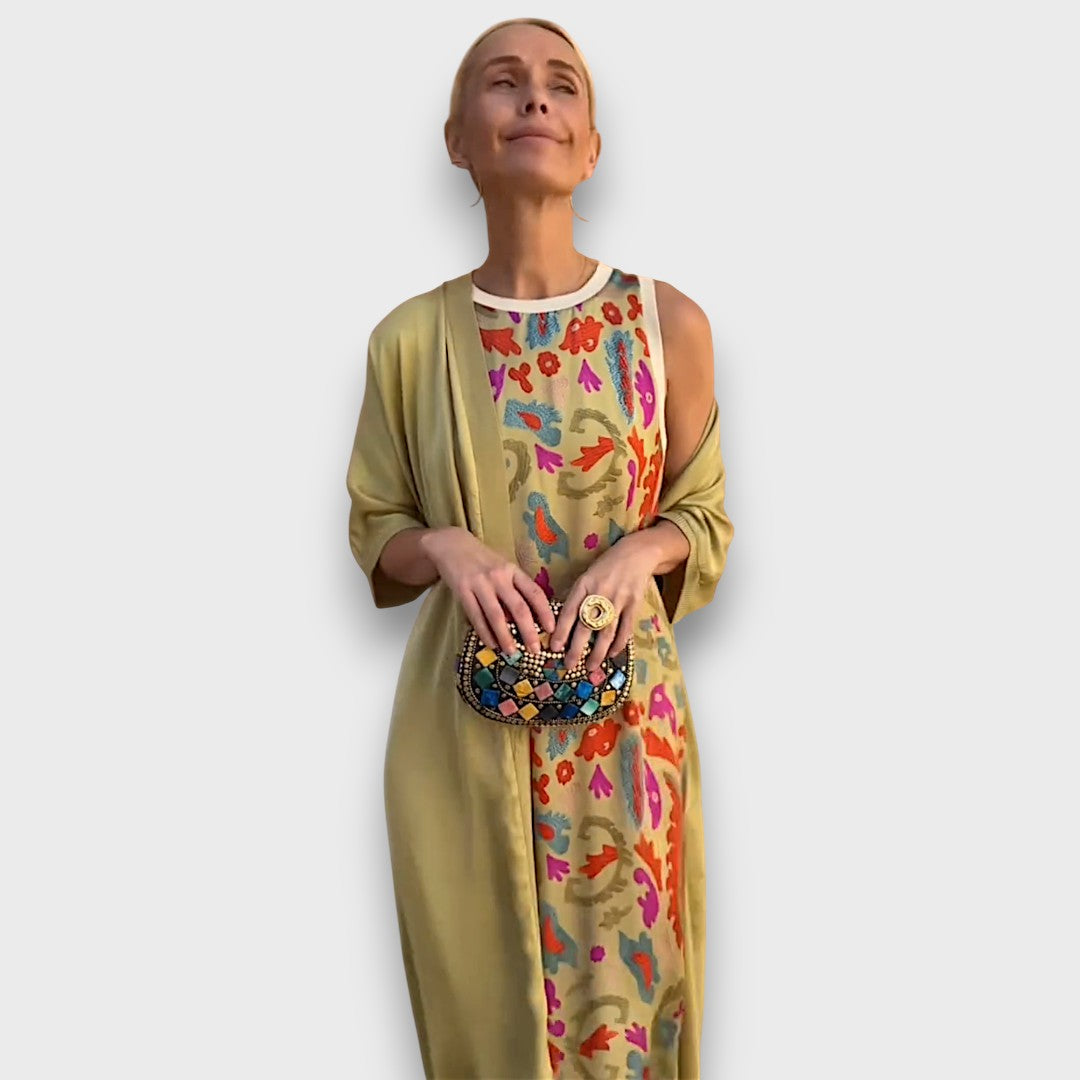 Flowing Maxi Dress with Pastel Cardigan