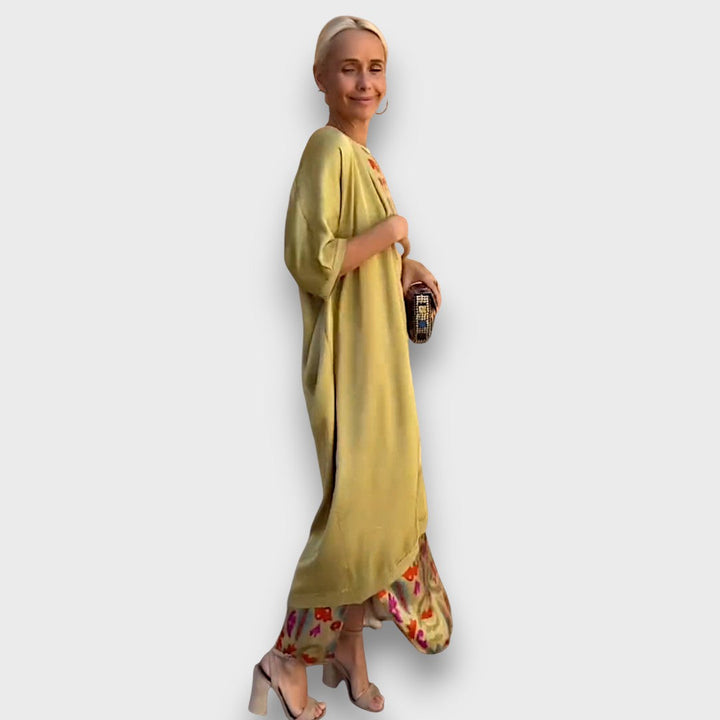 Flowing Maxi Dress with Pastel Cardigan